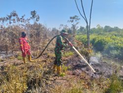 Babinsa Koramil 07/Kampar dan Tim Terpadu Karhutla Lakukan Pendinginan Lokasi Lahan Desa Rimbo Panjang